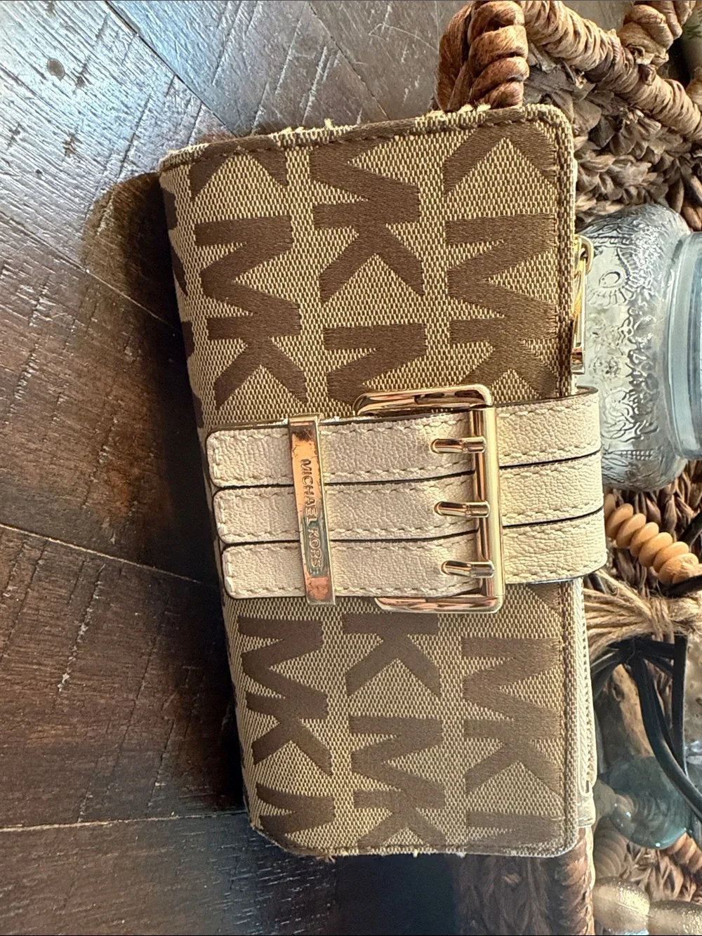 Michael Kors Brown and Tan Logo Buckle Wallet